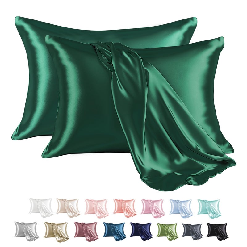 MR&HM Satin Pillowcase for Hair and Skin, Silk Satin Pillowcase 2 Pack, Standard Size Pillow Cases Set of 2, Silky Pillow Cover with Envelope Closure (20x26, Dark Green) - Image 1